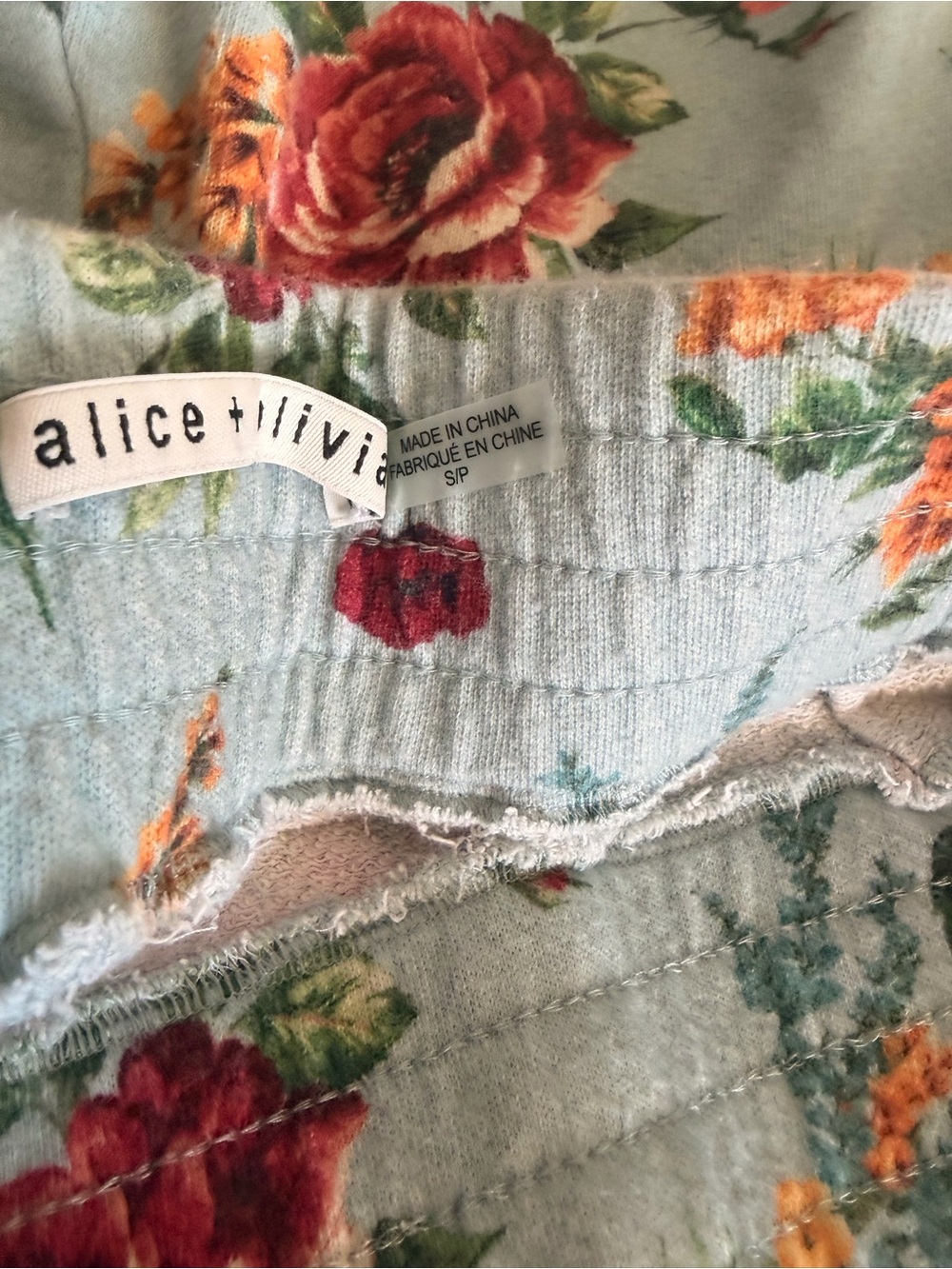 Alice + Olivia Light Blue Floral Quilted Top with Red & Orange Blooms